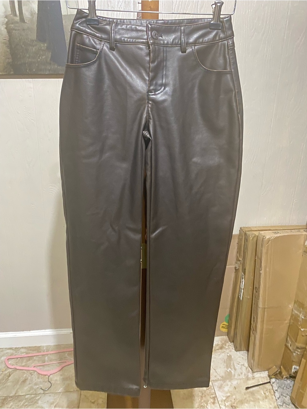 Women's Faux Leather Pants in Dark Brown